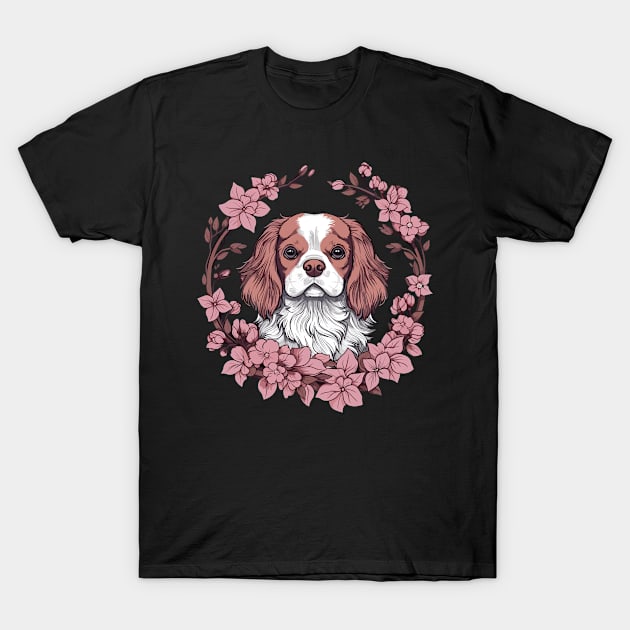King Charles Spaniel with Cherry Blossom flowers T-Shirt by gezwaters